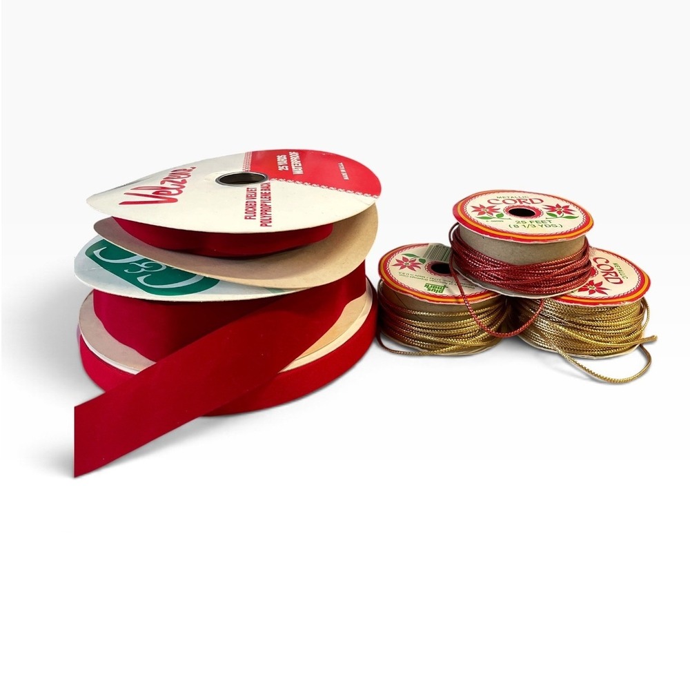 Berwick Velzene Ribbon Cord Lot Red Gold Vintage Flocked Metallic Floral Arrange